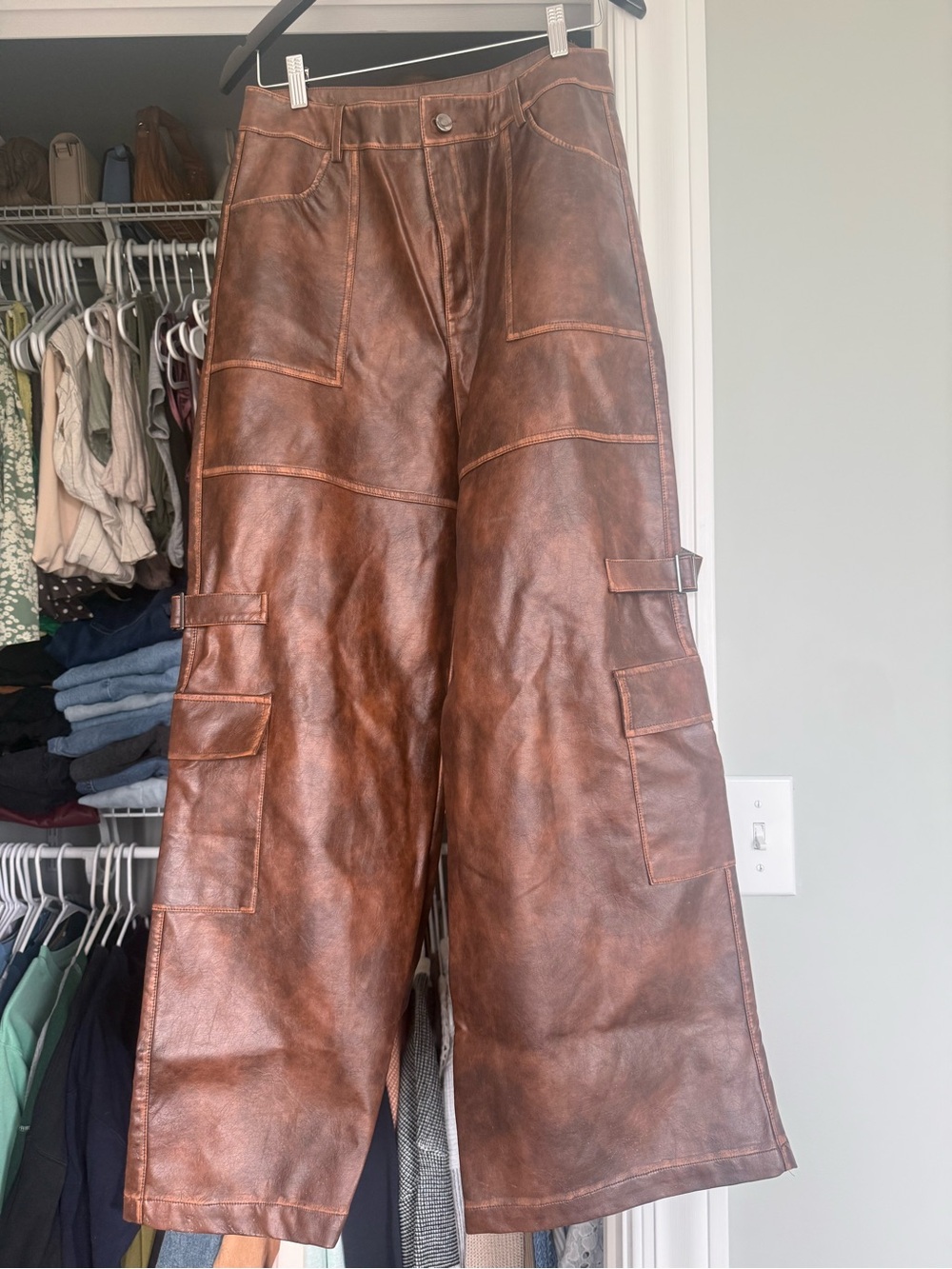 Brown Faux-Leather Wide Leg Cargo Pants